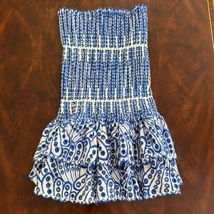 Women’s Blue and White Vintage Patchwork Strapless Dress